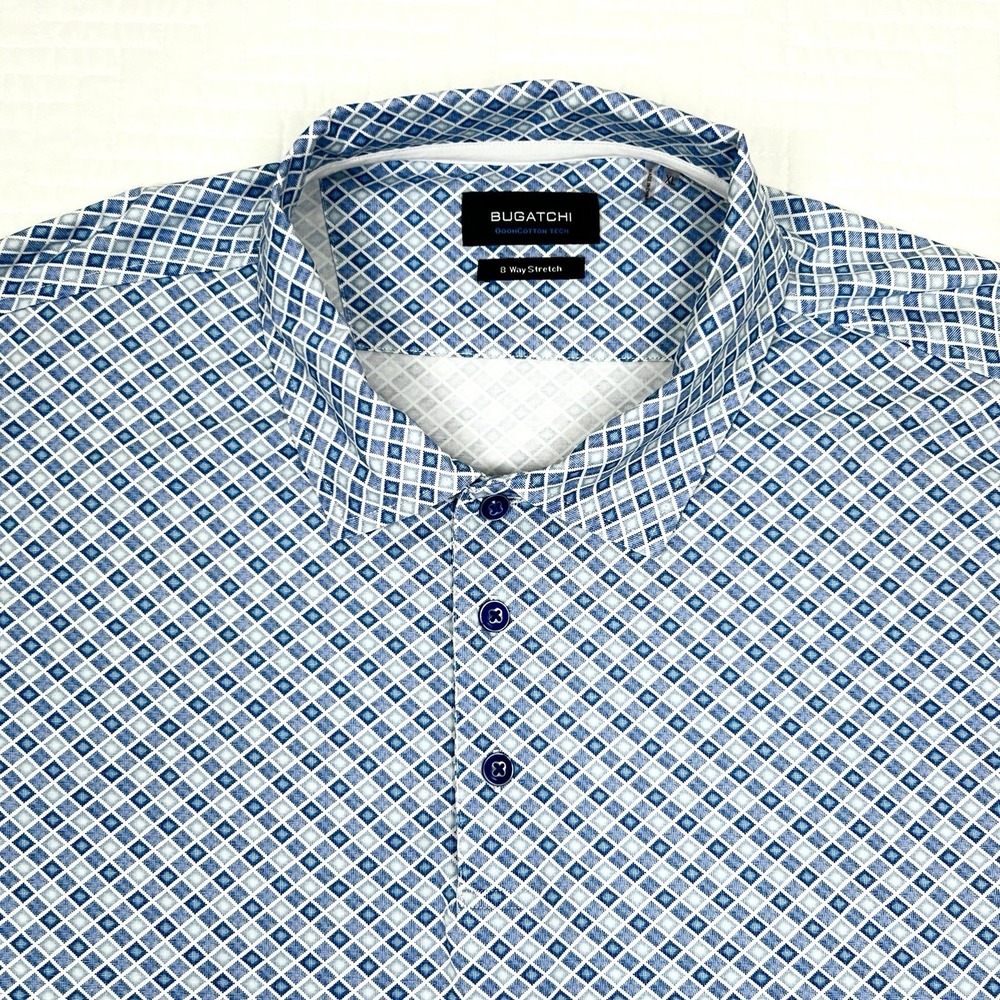 Bugatchi Shirt Mens XL Blue Geometric OoohCotton Tech 8 Way Stretch Button Up